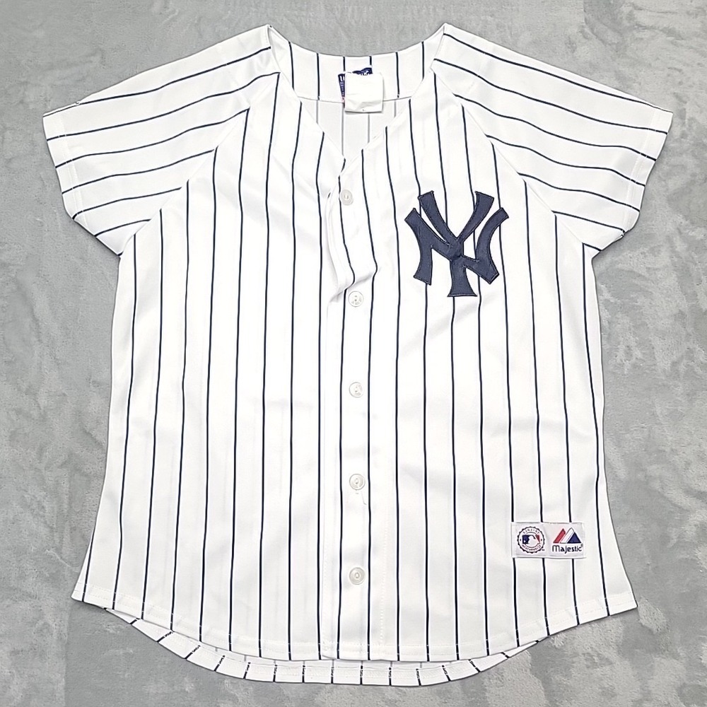 Majestic Shirt Kids Medium White New York Yankees Baseball Pinstripe Made In USA